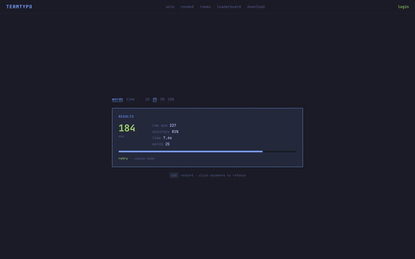 Results — WPM, raw WPM, accuracy