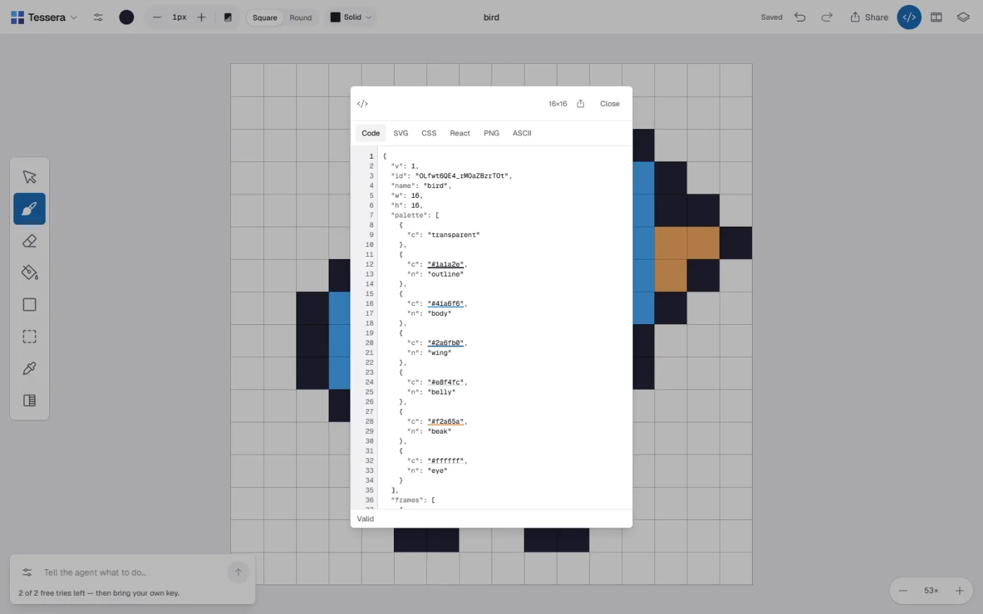 Code panel — the document’s own JSON, six export formats